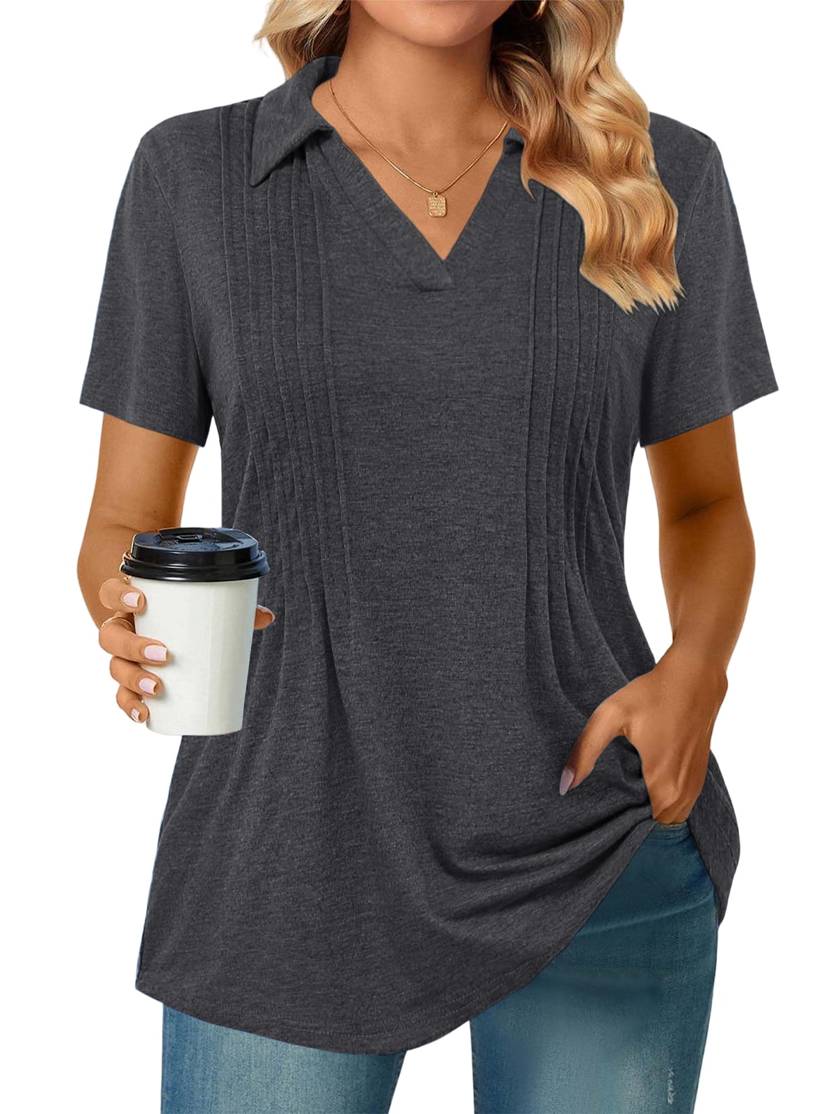 Womens Summer Tops Plus Size Fashion Pleated Dressy Short Sleeve Tunics ...