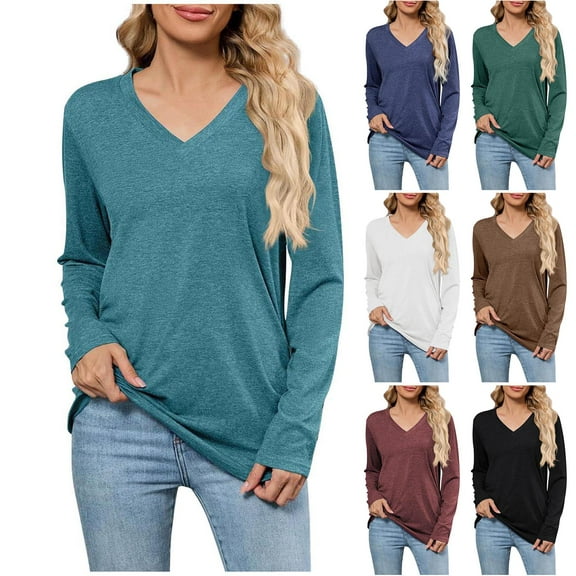 Womens Summer Tops Plus Size Long Sleeve V-Neck Solid Color Lightweight Tops & Blouses Summer Casual Shirts Gifts for Women WineXL