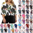 thumbnail image 1 of Womens Summer Tops Plus Size New Fashion 3/4 Sleeve Casual Printed V-Neck T-shirt Button Spring Tops, 1 of 8