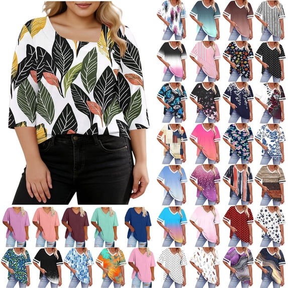 Womens Summer Tops Plus Size New Fashion 3/4 Sleeve Casual Printed V-Neck T-shirt Button Spring Tops