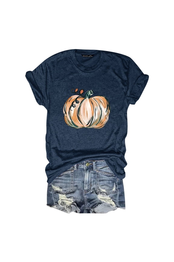 Womens Summer Tops Plus Size Pumpkin Printed Short Sleeve Round Neck Ladies Casual Blouse,Navy,S
