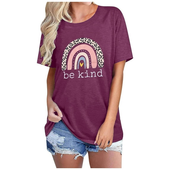 Womens Summer Tops Print Crew Neck Organic Cotton T Shirt Short Sleeve Tee T Shirts for Women Dark Purple L