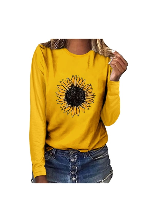 Womens Summer Tops Print T-shirt Top Sunflower Pullover O-neck Sweatshirt Blouse Sleeve Long Women Women's Blouse