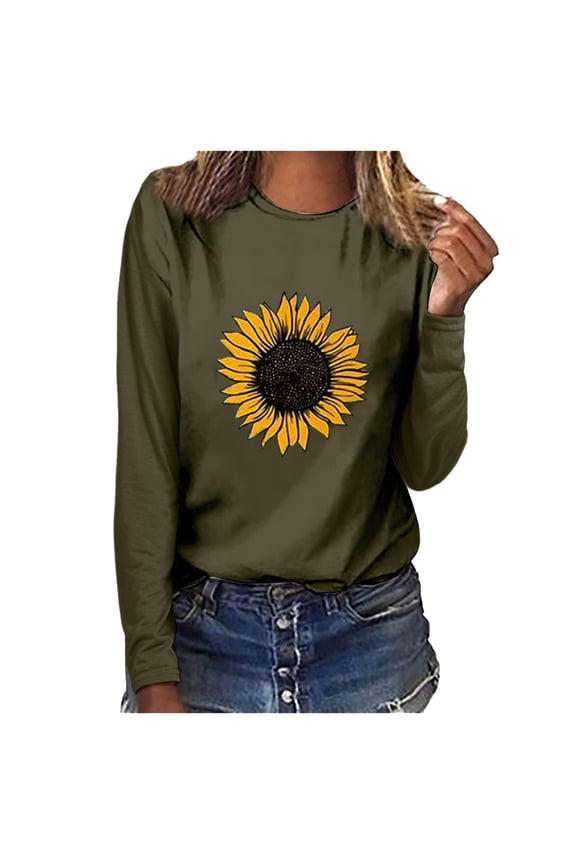 Womens Summer Tops Print T-shirt Top Sunflower Pullover O-neck Sweatshirt Blouse Sleeve Long Women Women's Blouse