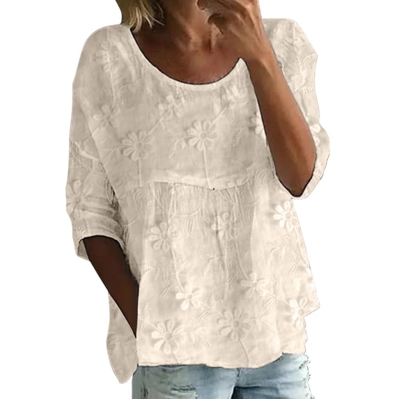 Womens Summer Tops Printed Round Neck Half 3/4 Sleeve Loose Large Size Casual Tee Daily Leisure Tops