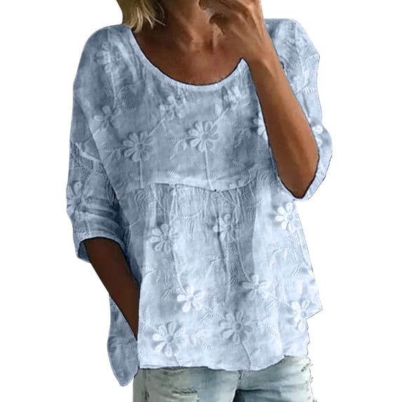 Womens Summer Tops Printed Round Neck Half 3/4 Sleeve Loose Large Size Casual Tee Daily Leisure Tops