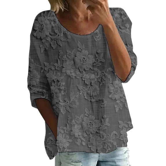 Womens Summer Tops Printed Round Neck Half 3/4 Sleeve Loose Large Size Casual Tee Outdoor Vacation Tops