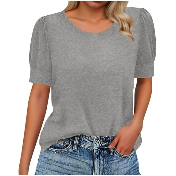 Womens Summer Tops, Puff Short Sleeve Shirts for Women Casual Loose Fit Solid Color Pleated Crewneck T-Shirts