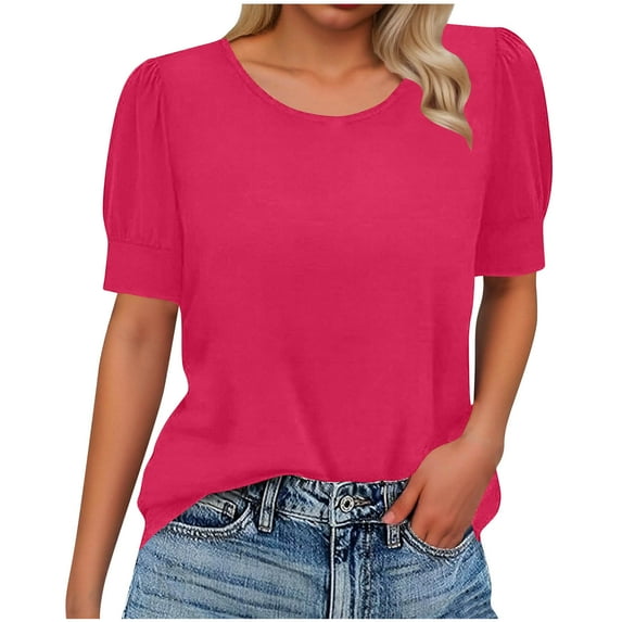 Womens Summer Tops, Puff Short Sleeve Shirts for Women Casual Loose Fit Solid Color Pleated Crewneck T-Shirts