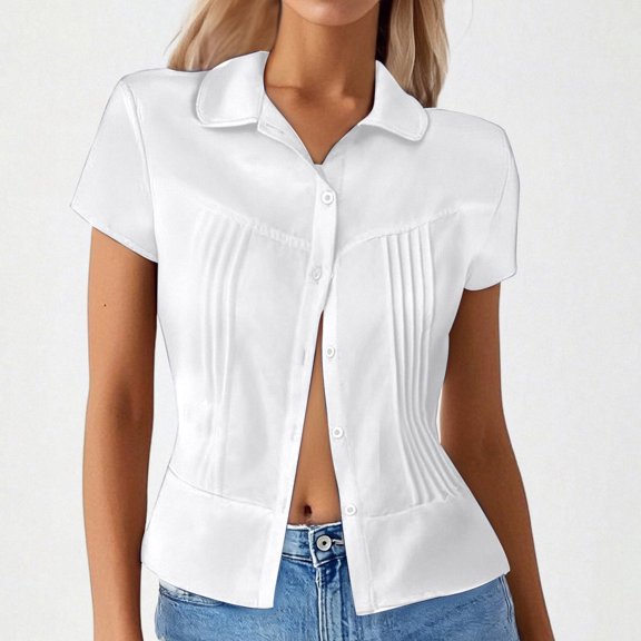 Womens Summer Tops Pure Color Casual Collar Button Up Short Sleeve Shirts for Women White M