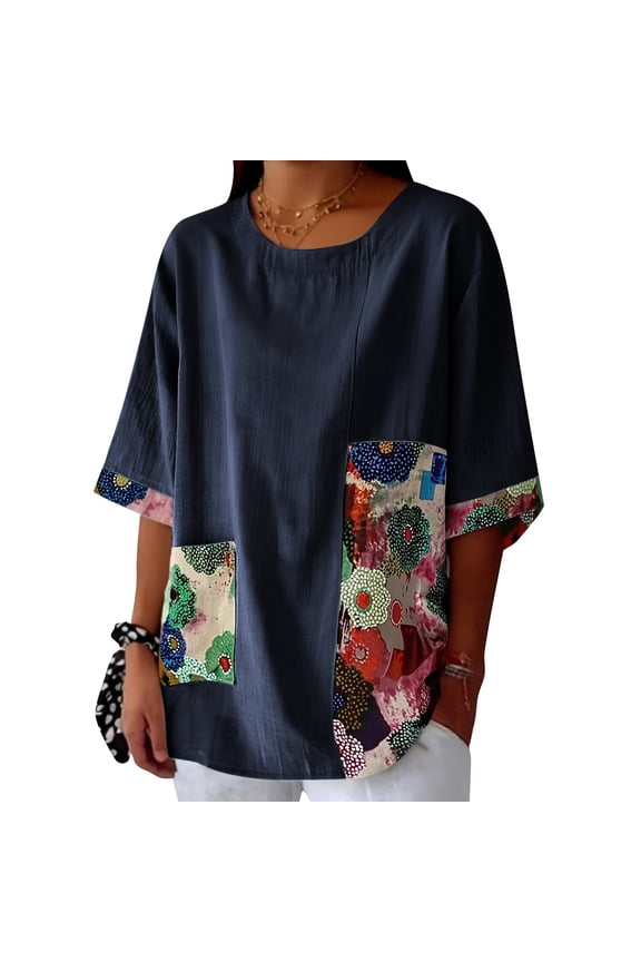 Womens Summer Tops Retro Loose and Versatile Casual Two Piece Printed Top