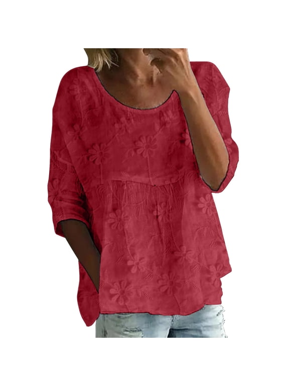 Womens Summer Tops Round Neck Half And Three Quarter Sleeve Print Loose Plus Size Daily Tunic