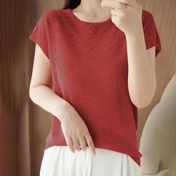Womens Summer Tops Round-Neck Short Sleeve Solid Color Knit Casual Workout Tops Tee Shirts - Red∣2XL
