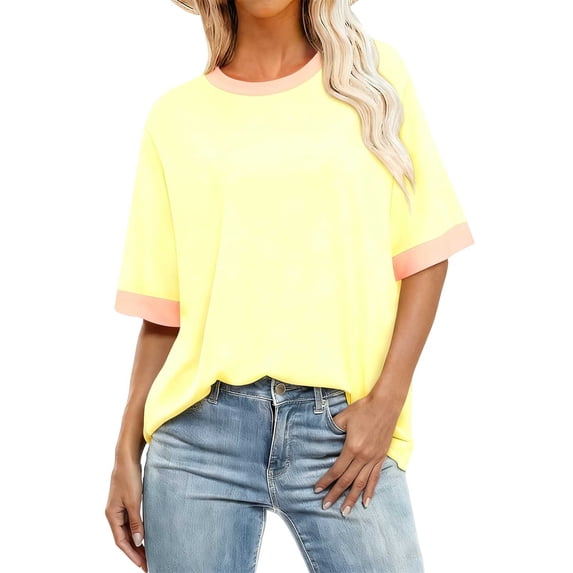 Womens Summer Tops Round Neck Short Sleeve T-Shirt Color Block Shirt Casual Loose Fit Basic Tees Plus Size Tops for Women