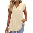 thumbnail image 1 of Womens Summer Tops Ruffle Cap Short Sleeve Tees Flowing Pleated Hem Babydoll Shirts Spring Dressy Casual Loose Fit Blouses Beige S, 1 of 6