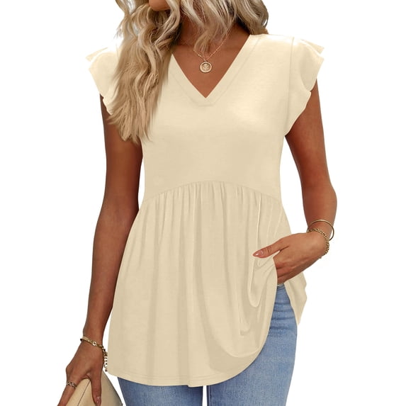 Womens Summer Tops Ruffle Cap Short Sleeve Tees Flowing Pleated Hem Babydoll Shirts Spring Dressy Casual Loose Fit Blouses Beige S