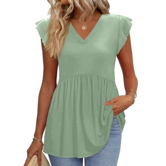 Womens Summer Tops Ruffle Cap Short Sleeve Tees Flowing Pleated Hem Babydoll Shirts Spring Dressy Casual Loose Fit Blouses Light Green L