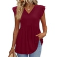 thumbnail image 1 of Womens Summer Tops Ruffle Cap Short Sleeve Tees Flowing Pleated Hem Babydoll Shirts Spring Dressy Casual Loose Fit Blouses Wine XL, 1 of 6