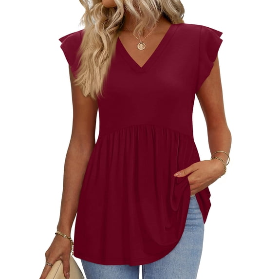 Womens Summer Tops Ruffle Cap Short Sleeve Tees Flowing Pleated Hem Babydoll Shirts Spring Dressy Casual Loose Fit Blouses Wine XL