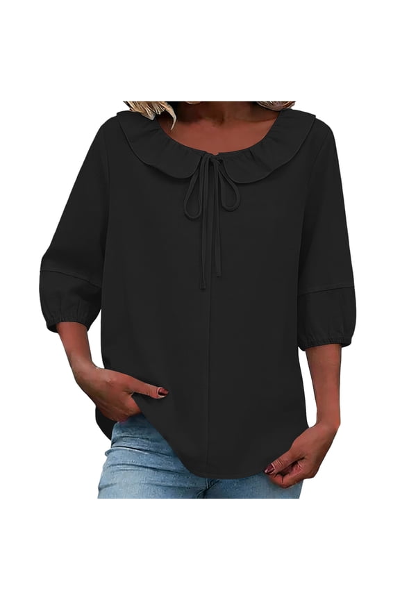Womens Summer Tops Ruffle Puff Sleeve Drawstring 3/4 Sleeve Linen Solid Color Top