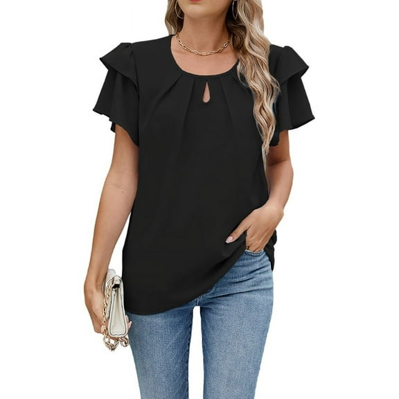 Womens Summer Tops Ruffle Short Sleeve Casual Round Neck T Shirts Front Pleated Basic Tees Blouses Black XL