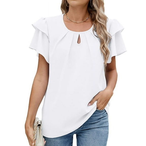 Womens Summer Tops Ruffle Short Sleeve Casual Round Neck T Shirts Front Pleated Basic Tees Blouses White XXL
