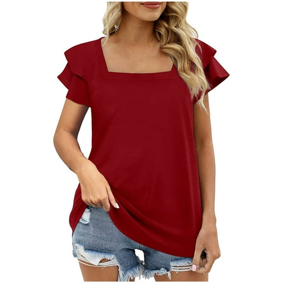 Womens Summer Tops Ruffle Short Sleeve Crew Neck T Shirts Casual Cute Trendy Dressy Tees Slim Fit Blouses