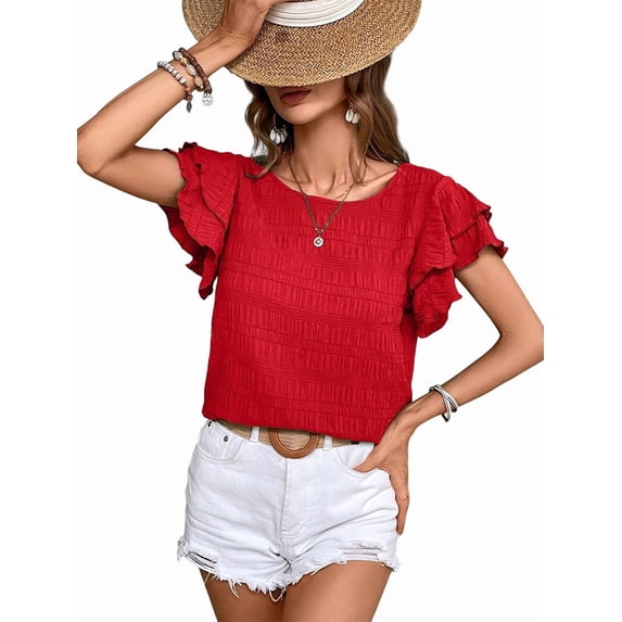 Womens Summer Tops Ruffle Short Sleeve Crewneck Shirts Textured Ladies Elegant Business Blouses Dressy Casual Red S