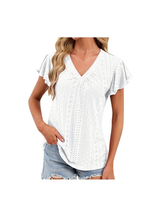 Womens Summer Tops Ruffle Short Sleeve Eyelet V Neck Tunic Shirt Casual Loose Dressy Blouses Work Office T-Shirts