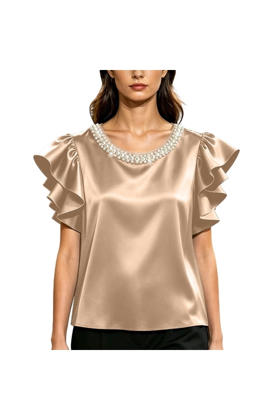 Womens Summer Tops Ruffle Short Sleeve Satin Soft Shirts Faux Pearls Studded Plus Size Elegant Dressy Blouses (2XL, Khaki)