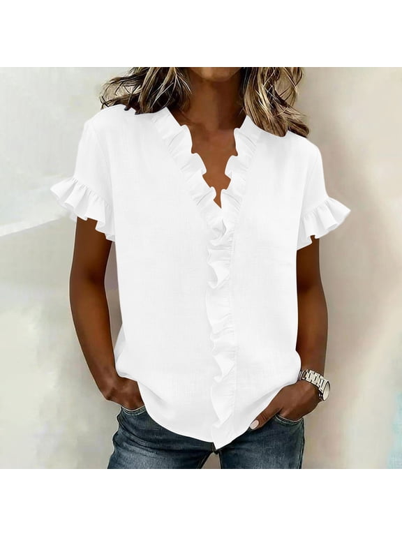 Womens Summer Tops Ruffle Short Sleeve T Shirts Casual V Neck Blouse Shirts Solid Color Tunic Tops