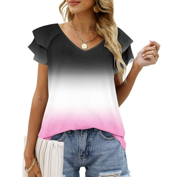 Womens Summer Tops Ruffle Short Sleeve V Neck T-Shirts Casual Loose Fit