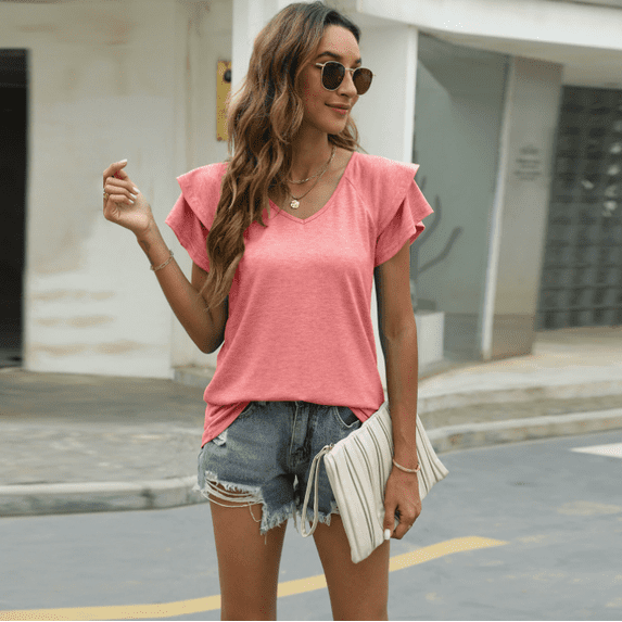 Womens Summer Tops Ruffle Short Sleeve V Neck T-Shirts Casual Loose Fit