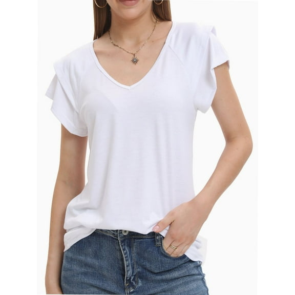 Womens Summer Tops Ruffle Short Sleeve V Neck T-Shirts Casual Loose Fit
