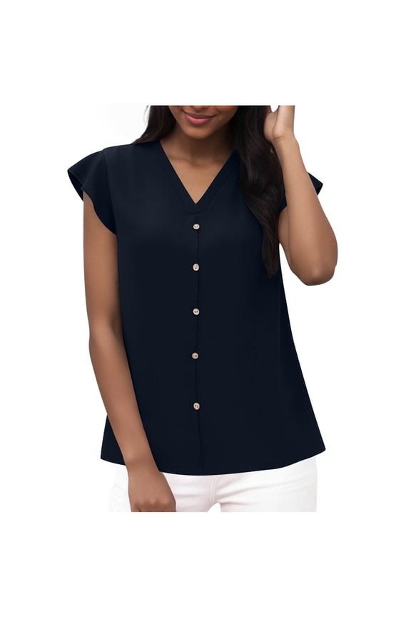 Womens Summer Tops Ruffled Fly Sleeve V Neck Button Up Tank Top Sleeveless Dressy Casual Blouses Loose Fit (2XL, Navy)