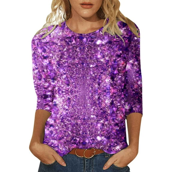 Womens Summer Tops Sequin Casual Printed Round Neck Loose Sleeved Quarter Sleeved T Shirts for Women Purple XXL