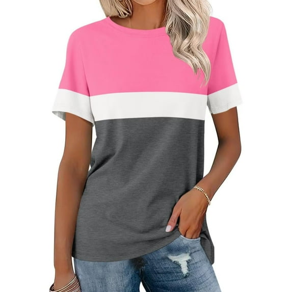 Womens Summer Tops Sevevn Women's Casual Fashion Striped Printed T-Shirt Round Neck Short Sleeve Top Womens Spring Tops
