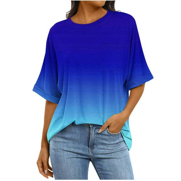 Womens Summer Tops Sevevn Women's Fashion Casual Short Sleeve Solid Pocket Ladies Round Neck Blouse