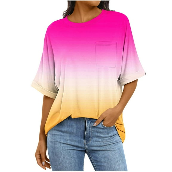 Womens Summer Tops Sevevn Women's Fashion Casual Short Sleeve Solid Pocket Ladies Round Neck Blouse