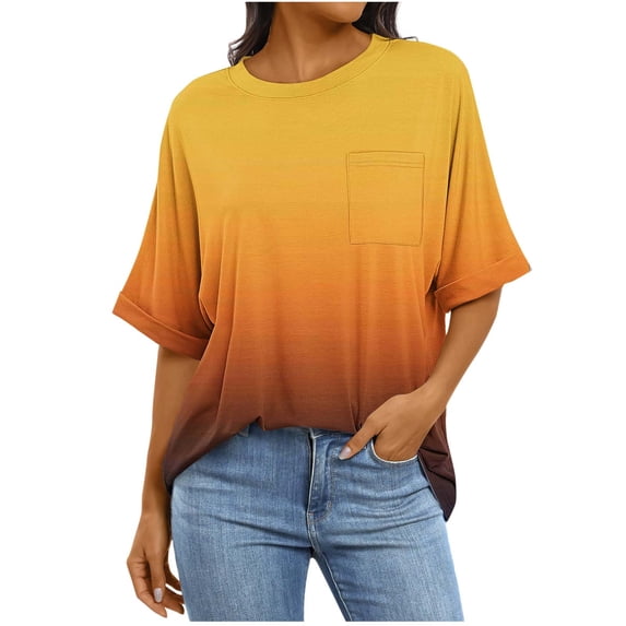 Womens Summer Tops Sevevn Women's Fashion Casual Short Sleeve Solid Pocket Ladies Round Neck Blouse