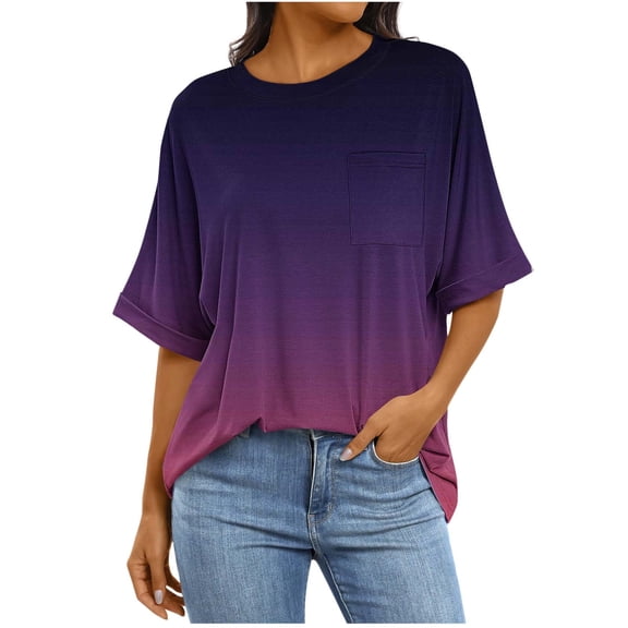 Womens Summer Tops Sevevn Women's Fashion Casual Short Sleeve Solid Pocket Ladies Round Neck Blouse