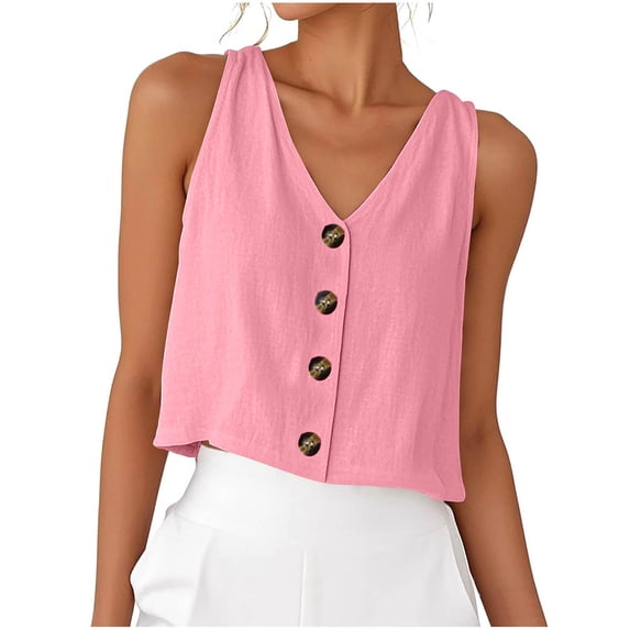 Womens Summer Tops Sevevn Women's Fashion Casual Sleeveless Solid Button Ladies V-Neck Blouse