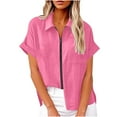 thumbnail image 1 of Womens Summer Tops Sevevn Women's Lapel Short Sleeve Loose Zipper Cotton And Linen Tunic Summer Work Clothes Shirt Blouse, 1 of 6