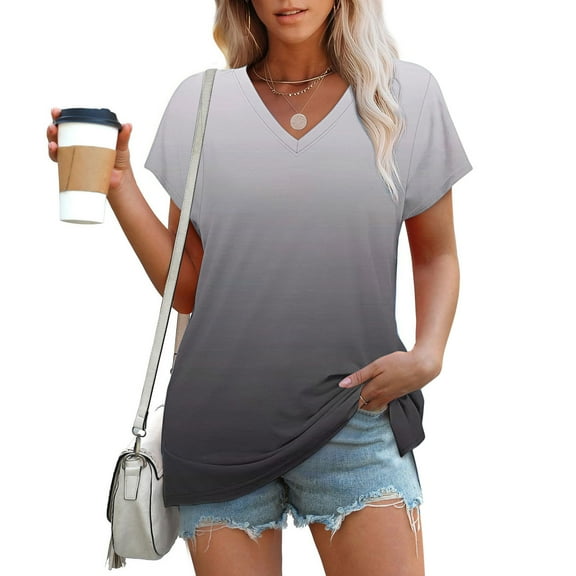 Womens Summer Tops Sevevn Women's Printed V-Neck Short-Sleeved T-Shirt Loose Top Short Sleeve Top