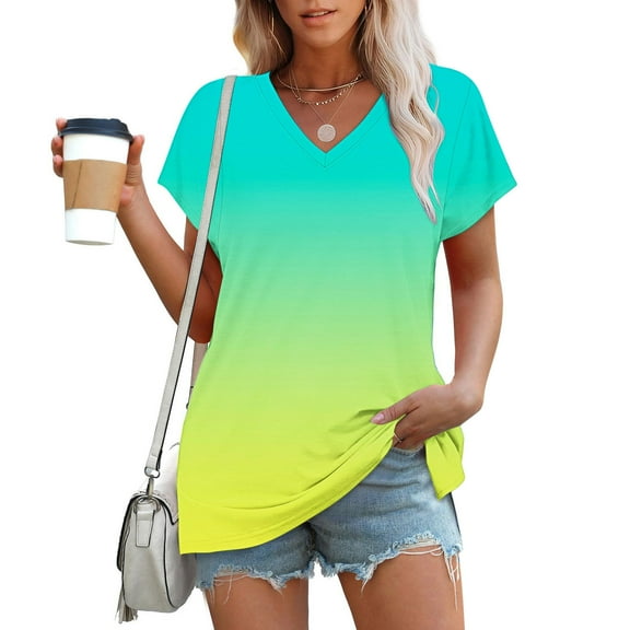 Womens Summer Tops Sevevn Women's Printed V-Neck Short-Sleeved T-Shirt Loose Top Short Sleeve Top