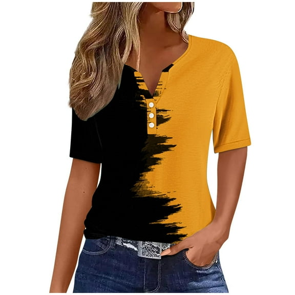 Womens Summer Tops Sevevn Women's Summer Printed Button V-Neck Short Sleeved Casual Loose Spring Top