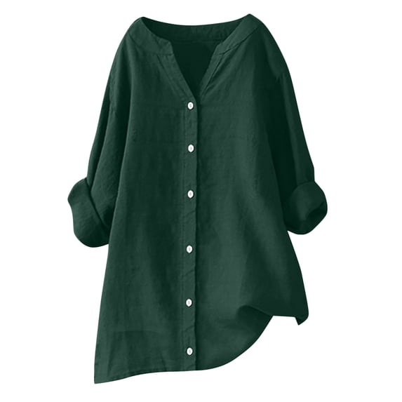 Womens Summer Tops Sevevn Women's V-Neck Long Sleeve Loose Button Cotton And Linen Tunic Summer Blouse