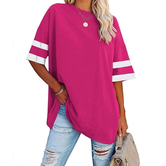 Womens Summer Tops Sevevn Womens Oversized Tees Loose T Shirts Half Sleeve Round Neck Color BlockTunic Tops
