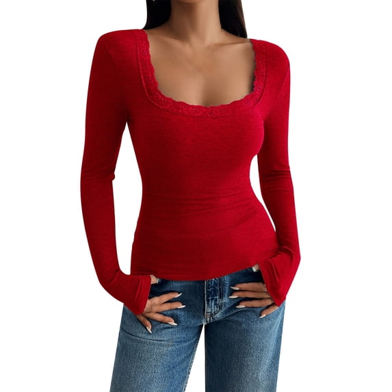 Womens Summer Tops Square Neck Lace Trim Cropped Slim Fit Low Cut Long Sleeve Lace Patchwork Womens T Shirts