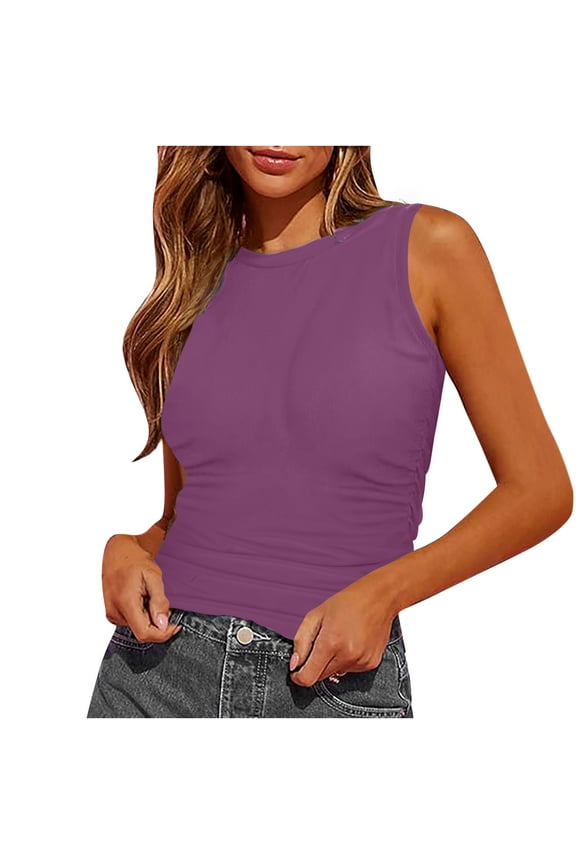 Womens Summer Tops,Shirts for Women, Tank Summer Sleeveless High Neck Slim Fitted Blouse Side Ruched Basic Tees Shirts,Womens Tank Tops